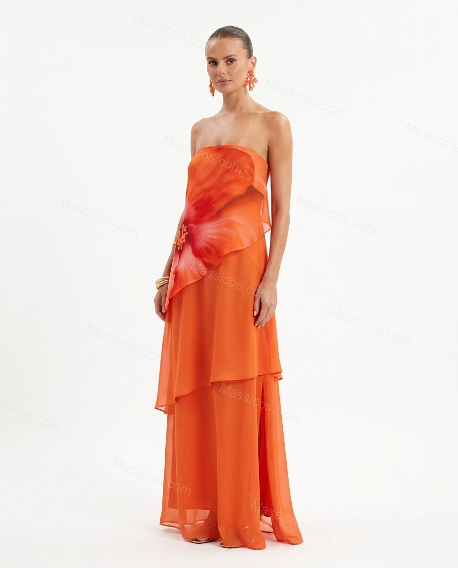 Orange Sleek Floral Maxi Dress by Massicos