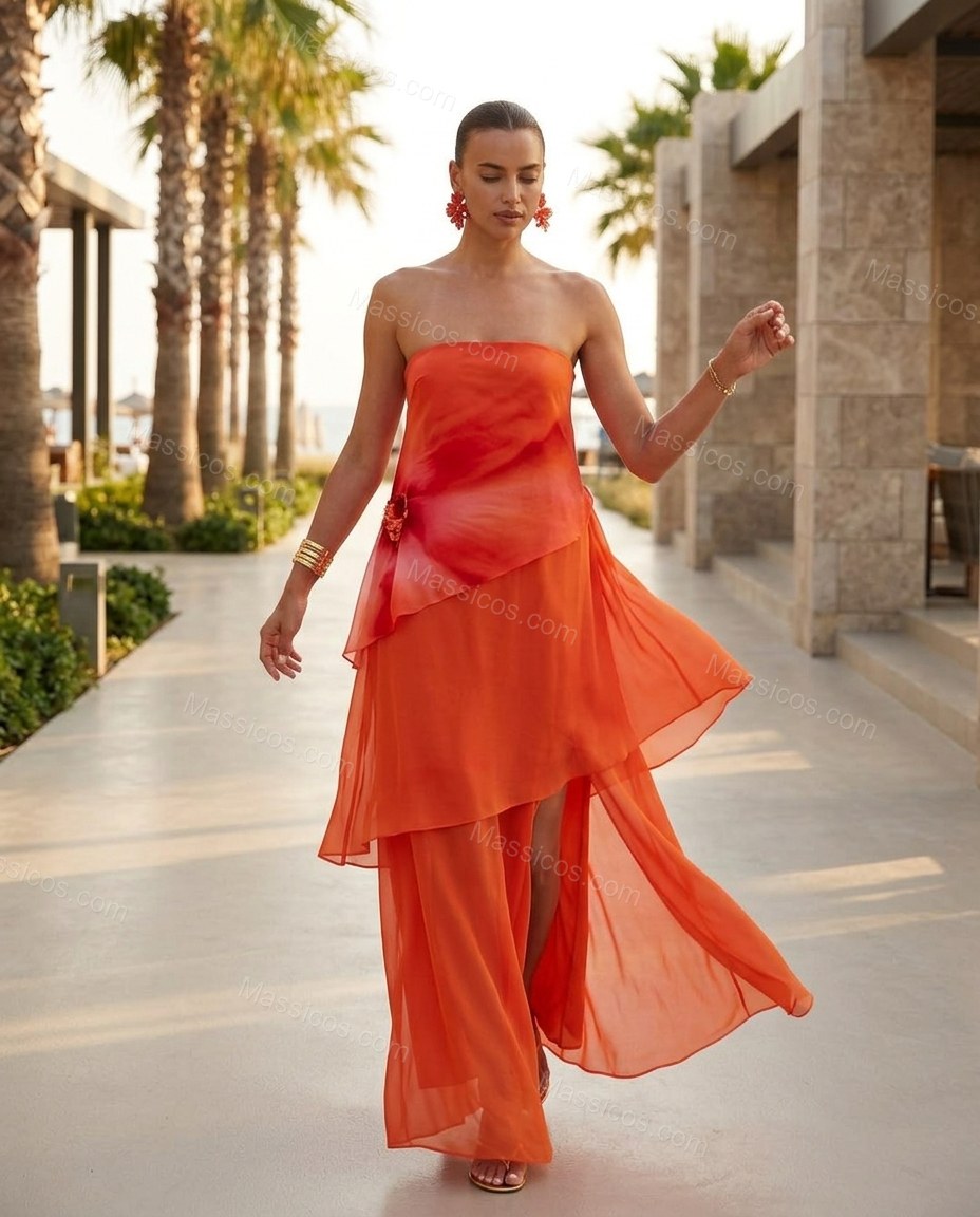 Orange Sleek Floral Maxi Dress by Massicos