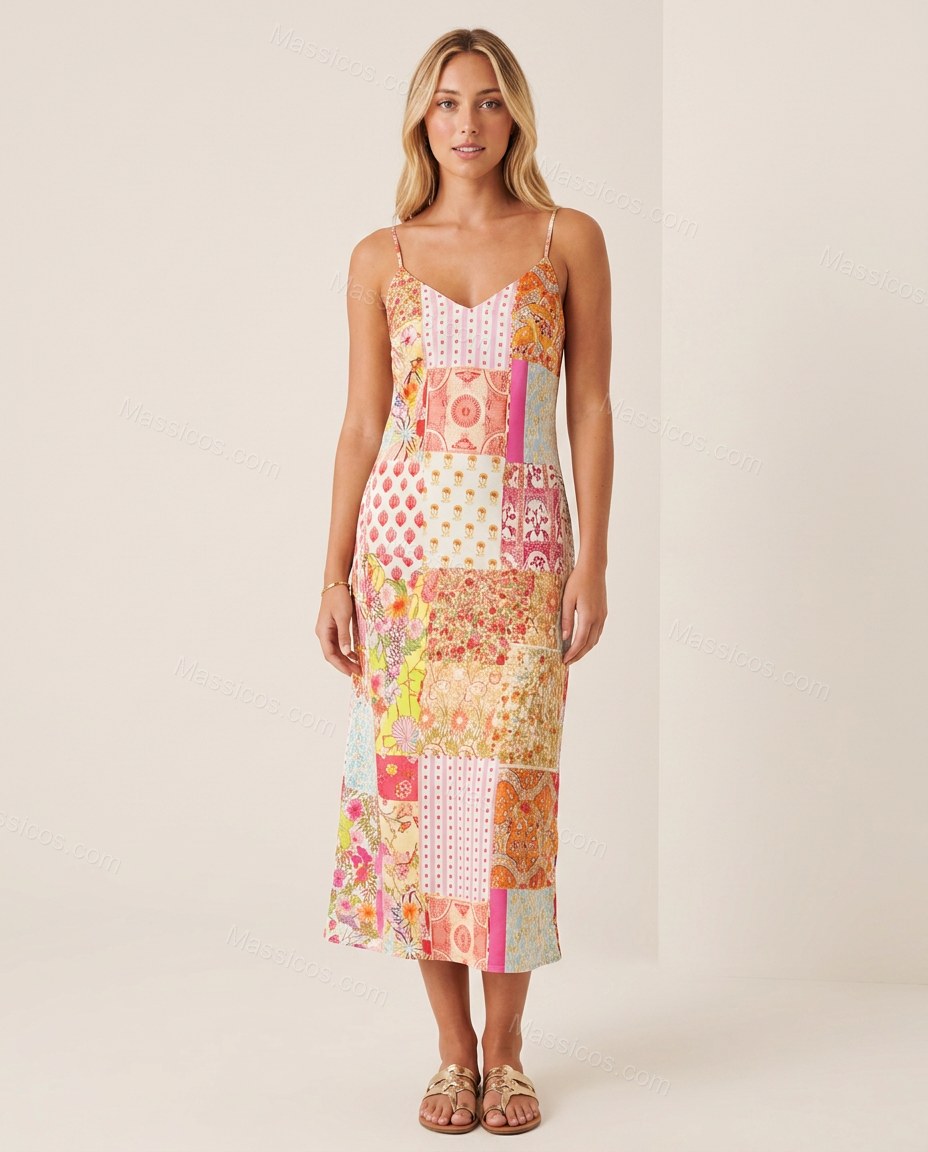 Multi-Color Floral Midi Satin Dress, front studio view, by Massicos