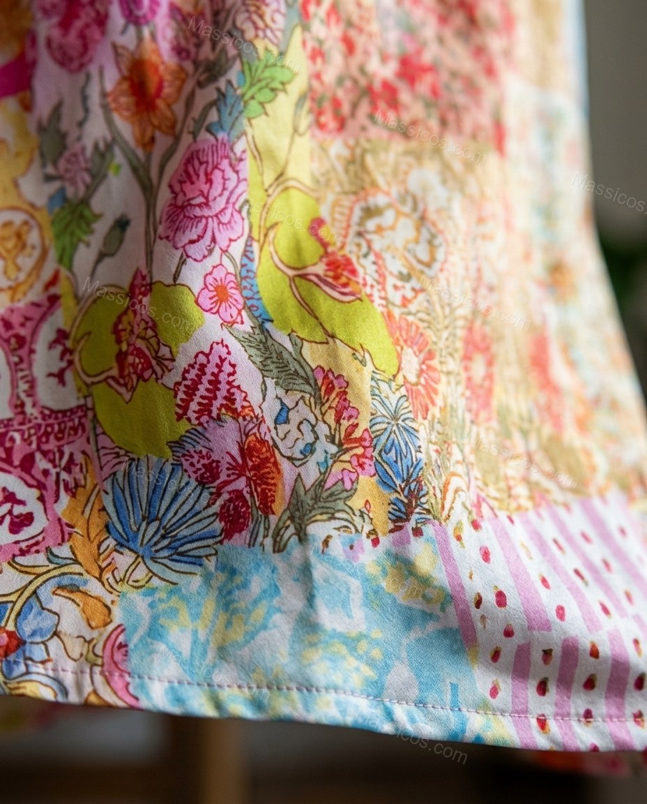 Multi-Color Floral Midi Satin Dress, close-up of floral, by Massicos