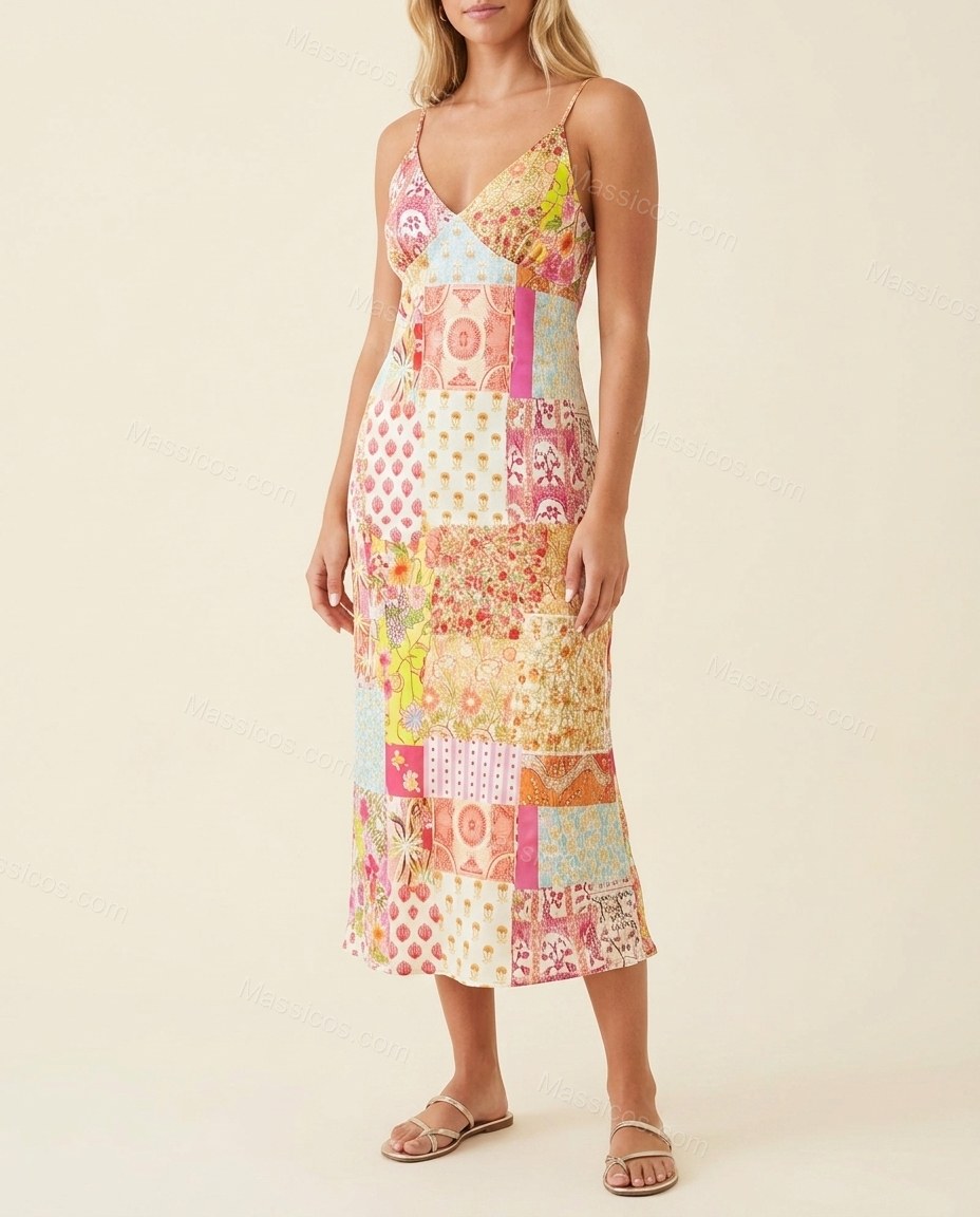 Multi-Color Floral Midi Satin Dress, full-length hero view, by Massicos
