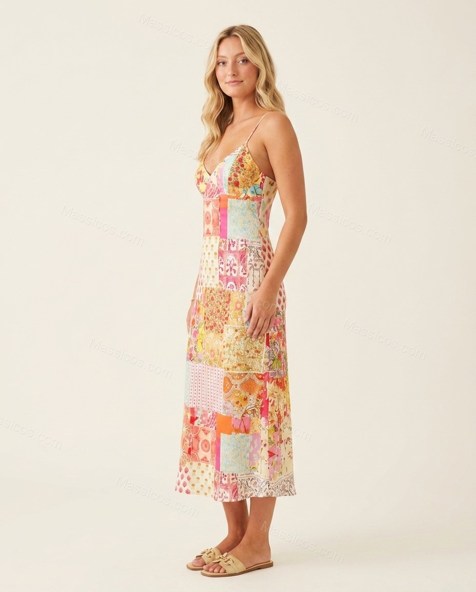 Multi-Color Floral Midi Satin Dress, side and back studio view, by Massicos