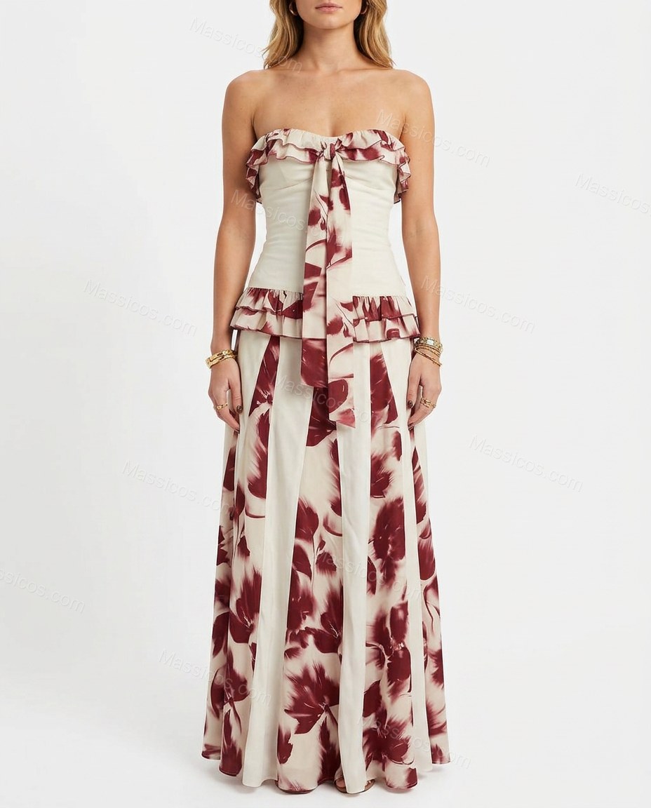 White Floral Maxi Strapless Dress, front studio view, by Massicos