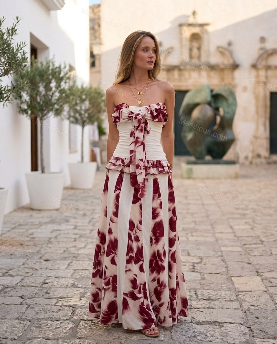 White Floral Maxi Strapless Dress, alternate use-case lifestyle view, by Massicos