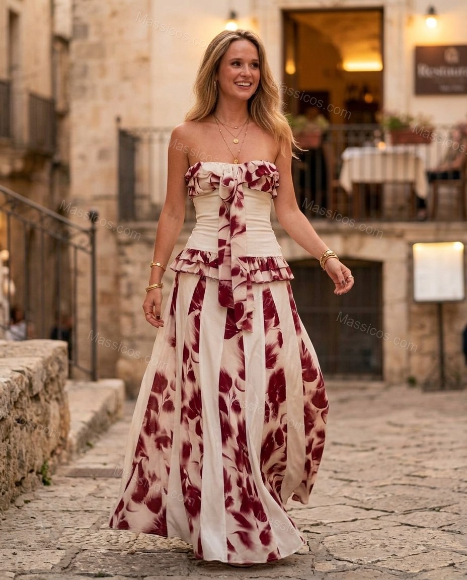 White Floral Maxi Strapless Dress, movement and fit lifestyle view, by Massicos