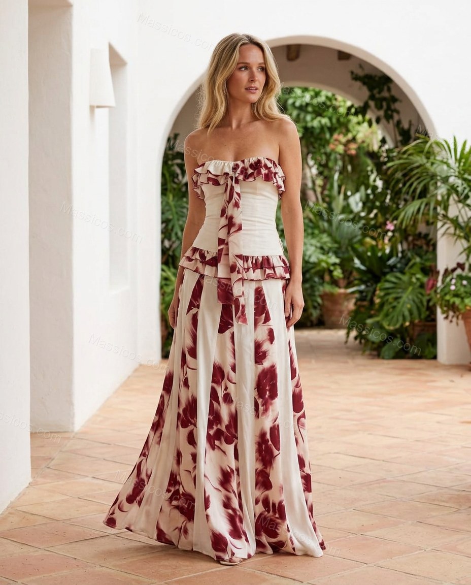White Floral Maxi Strapless Dress, three-quarter brand lifestyle view, by Massicos