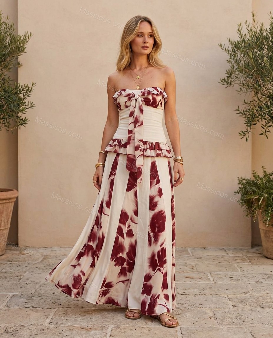 White Floral Maxi Strapless Dress, full-length hero view, by Massicos