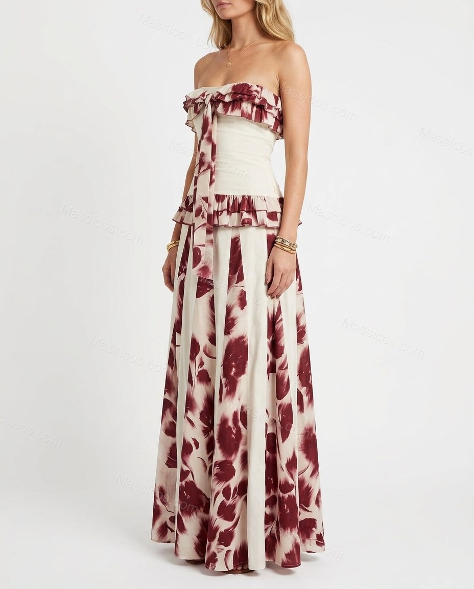 White Floral Maxi Strapless Dress, side and back studio view, by Massicos