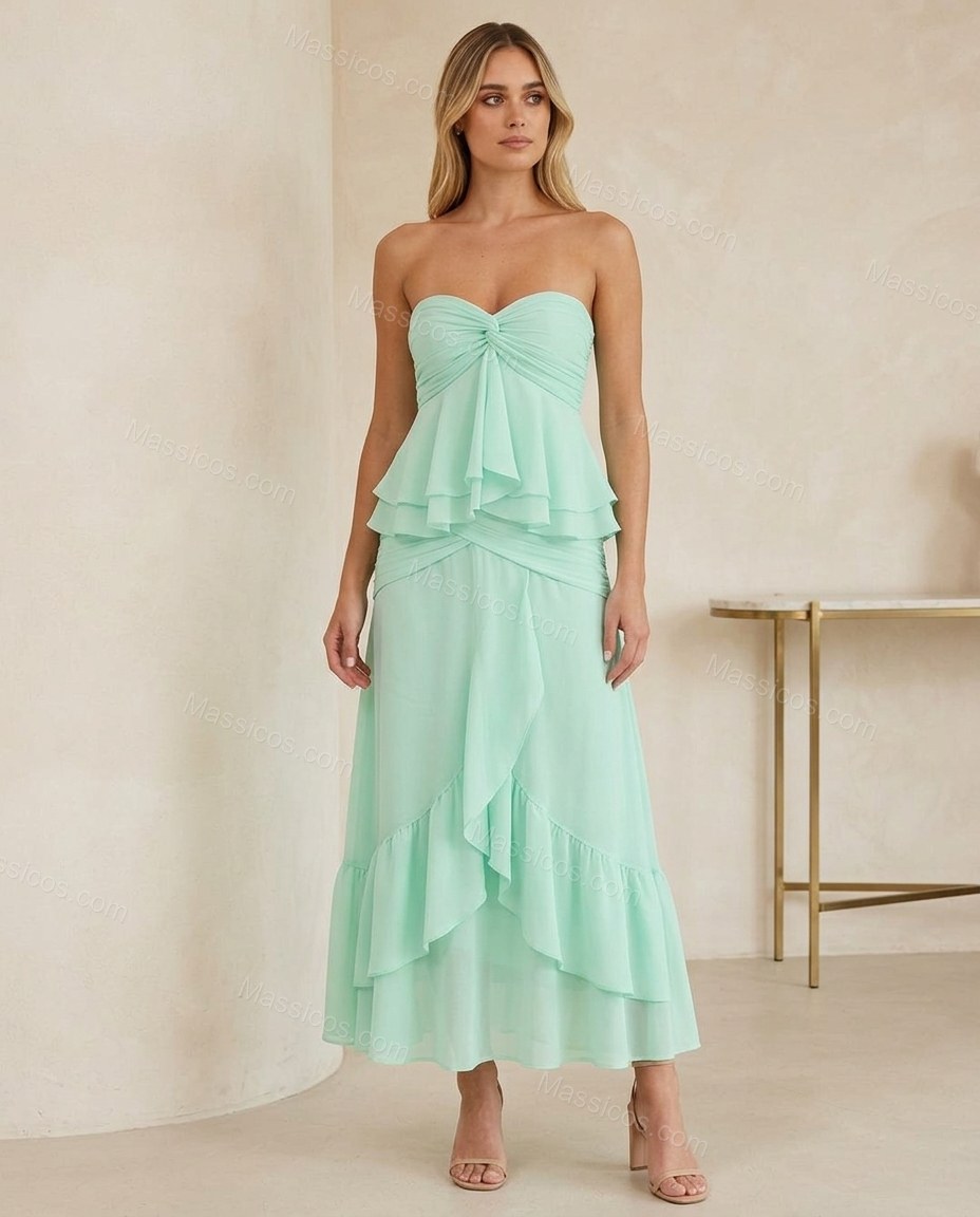 Mint Green Strapless Ruffled Peplum Dress, full-length hero view, by Massicos