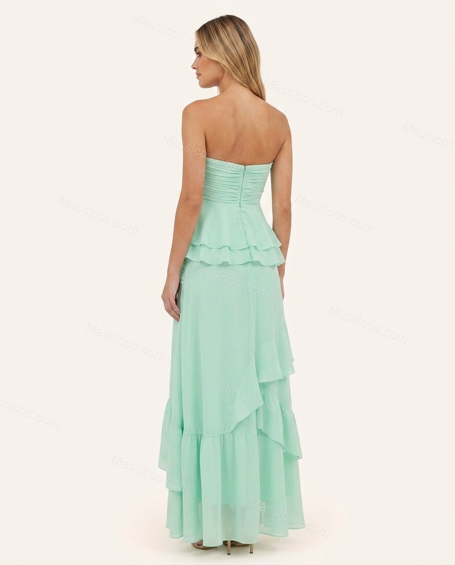 Mint Green Strapless Ruffled Peplum Dress, back studio view showing straight back with zipper closure and ruched bodice detail, by Massicos