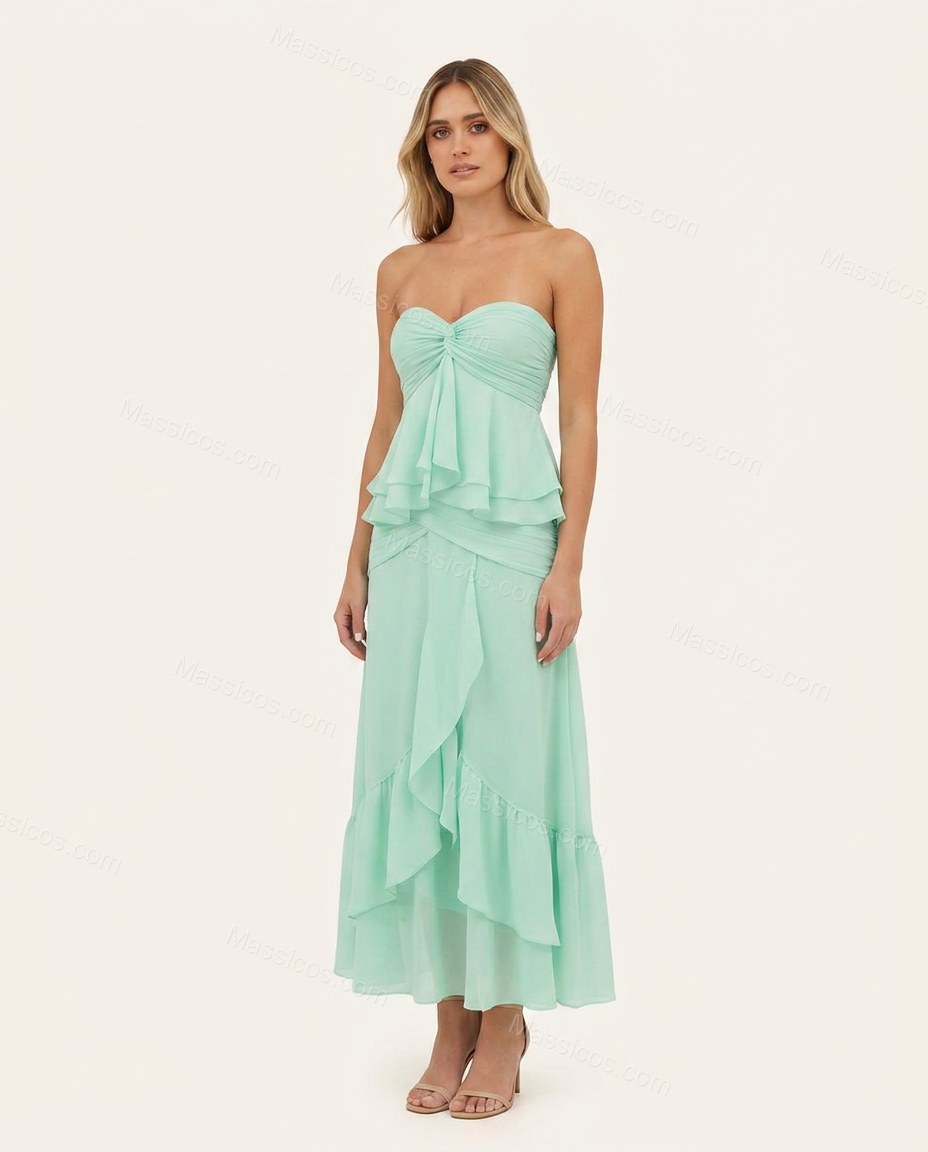 Mint Green Strapless Ruffled Peplum Dress, front studio view, by Massicos