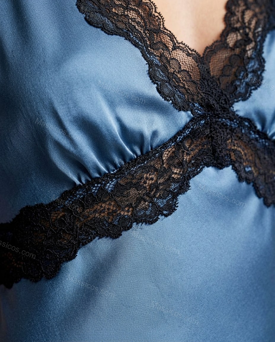 Blue Mini Satin Lace Dress, close-up of black accents, lace trim and empire waist, by Massicos