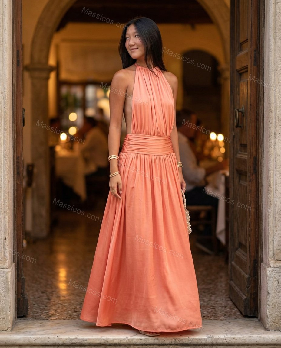 Coral Maxi Open-Back Halter Dress, three-quarter brand lifestyle view, by Massicos