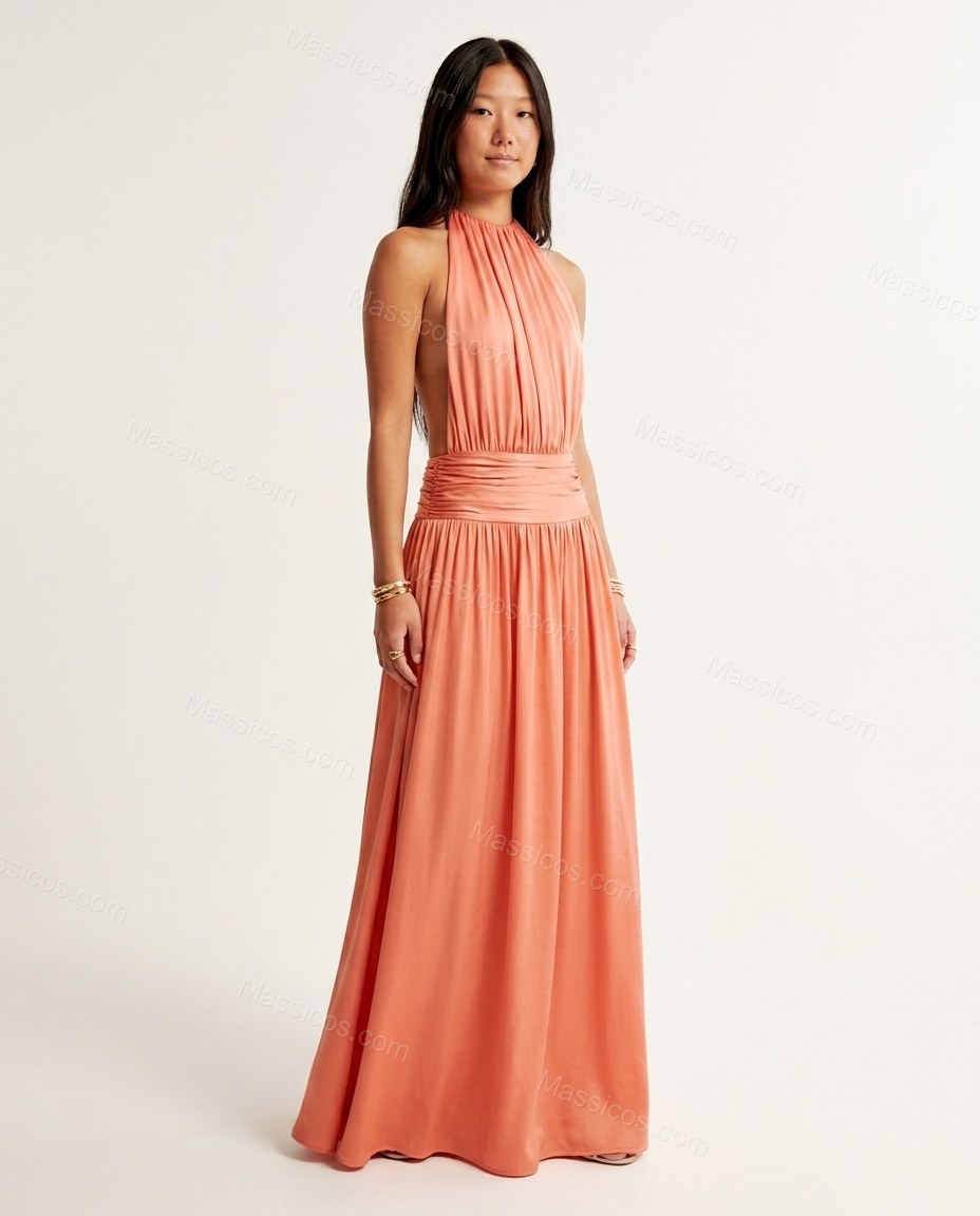 Coral Maxi Open-Back Halter Dress, front studio view, by Massicos