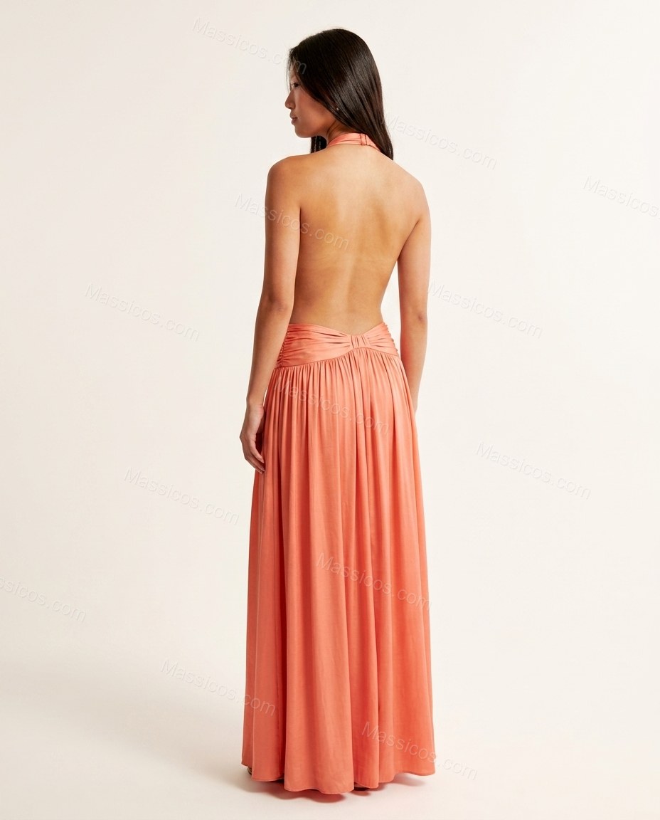 Coral Maxi Open-Back Halter Dress, back studio view showing open back design with a gathered ruched waistband, by Massicos