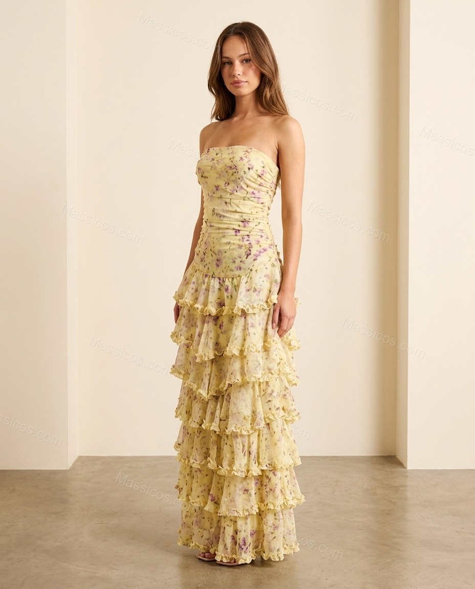 Yellow Floral Maxi Strapless Dress, full-length hero view, by Massicos