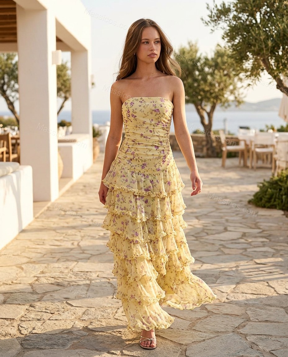 Yellow Floral Maxi Strapless Dress, movement and fit lifestyle view, by Massicos