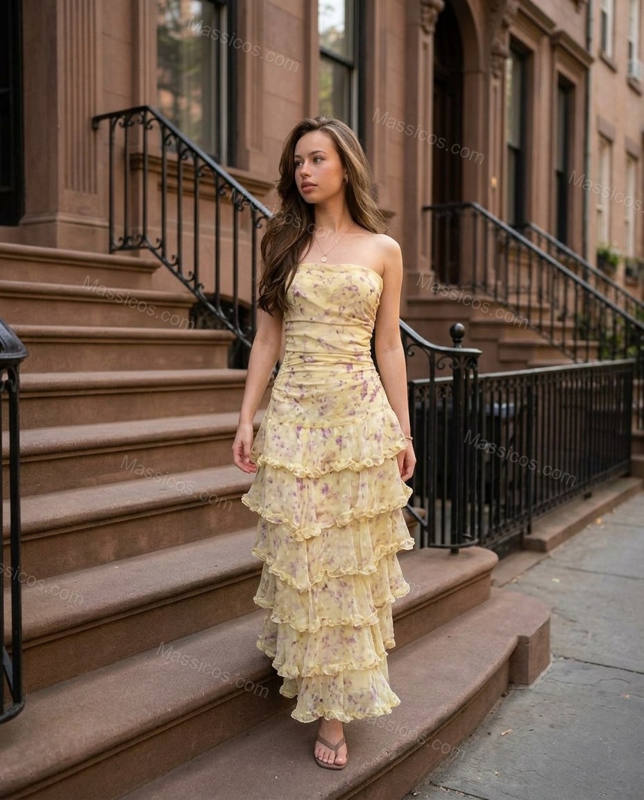 Yellow Floral Maxi Strapless Dress, alternate use-case lifestyle view, by Massicos