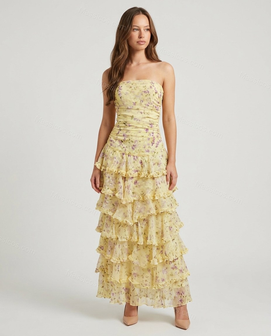Yellow Floral Maxi Strapless Dress, front studio view, by Massicos