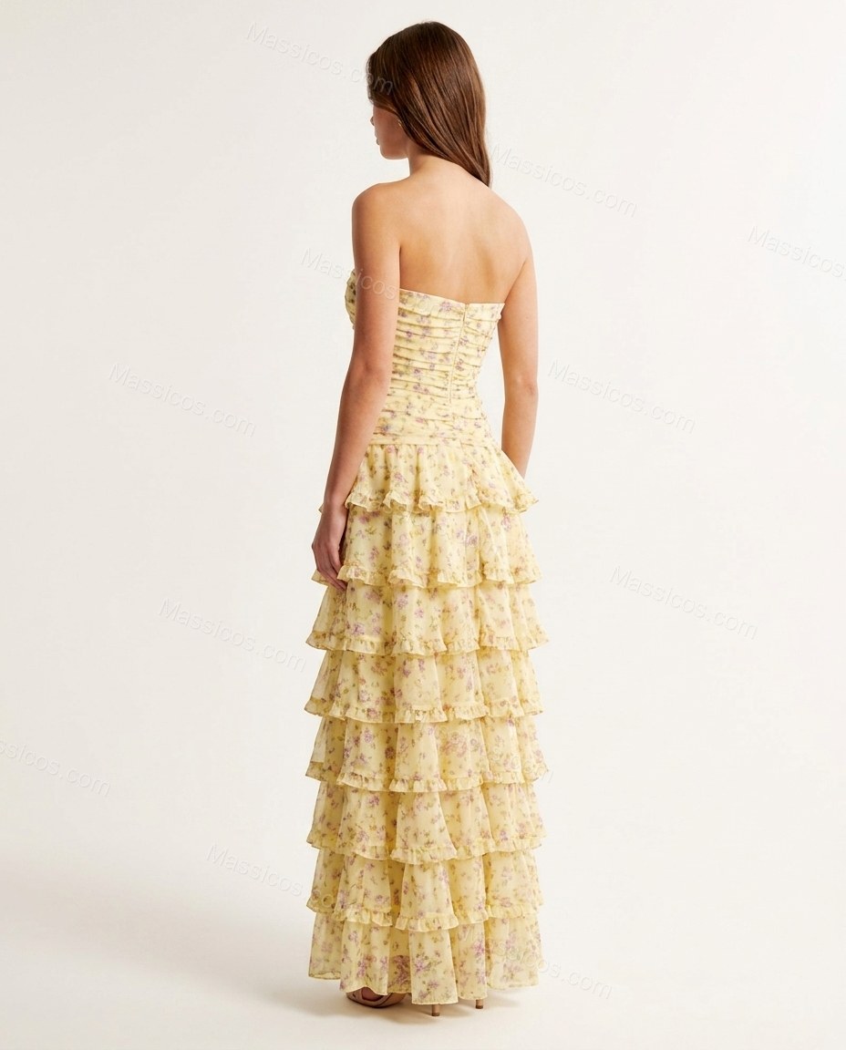 Yellow Floral Maxi Strapless Dress, back studio view, by Massicos