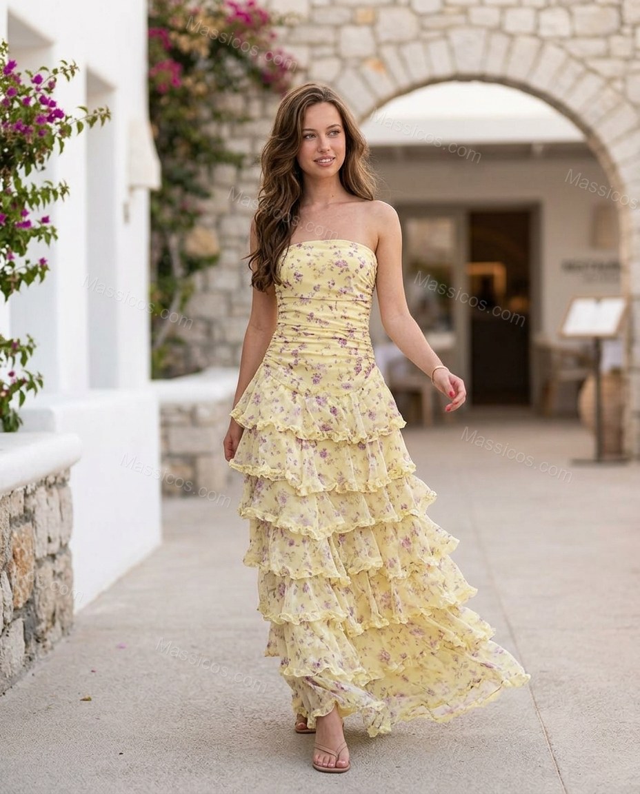 Yellow Floral Maxi Strapless Dress, walking lifestyle view, by Massicos