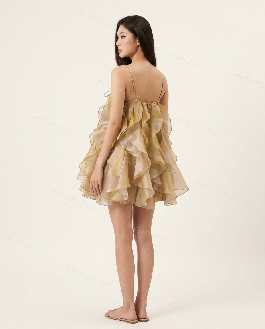 Yellow Mini Ruffled Tiered Dress, back studio view showing consistent tiered ruffled construction across the back, by Massicos