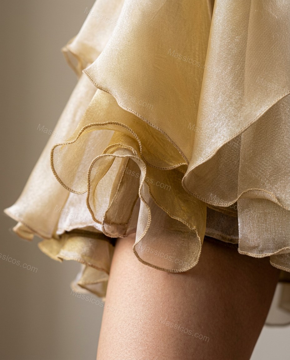 Yellow Mini Ruffled Tiered Dress, close-up of gold accents, ruffles and spaghetti straps, by Massicos