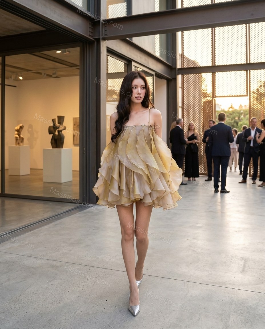 Yellow Mini Ruffled Tiered Dress, alternate use-case lifestyle view, by Massicos