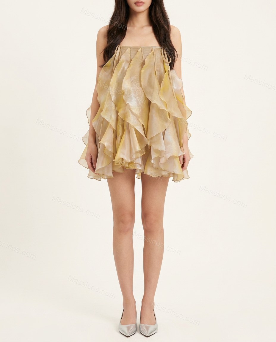 Yellow Mini Ruffled Tiered Dress, front studio view, by Massicos