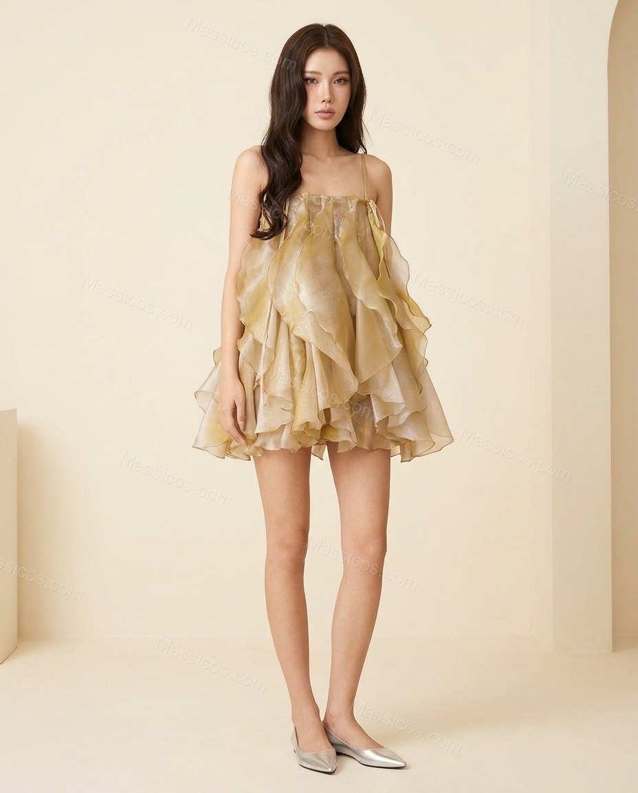 Yellow Mini Ruffled Tiered Dress, full-length hero view, by Massicos