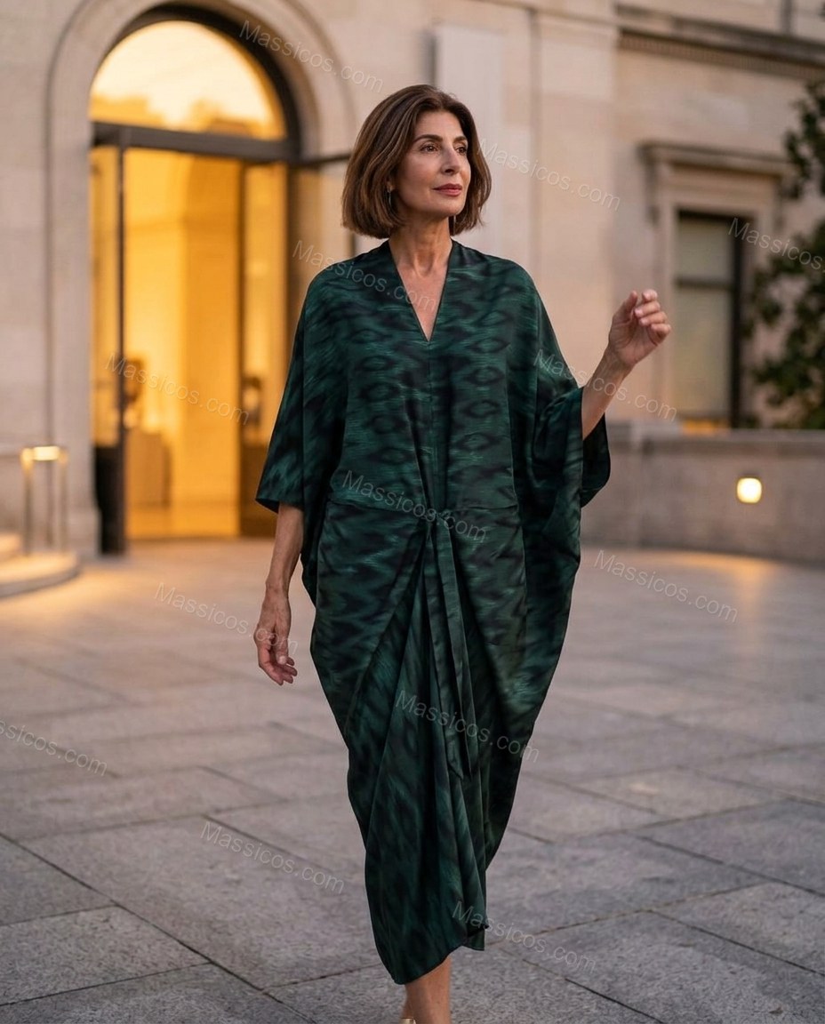 Dark Green Abstract Midi Satin Dress, alternate use-case lifestyle view, by Massicos