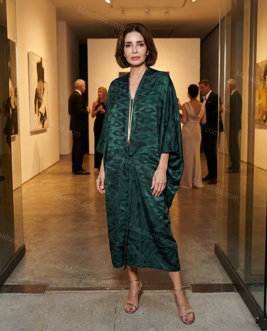Dark Green Abstract Midi Satin Dress, three-quarter brand lifestyle view, by Massicos