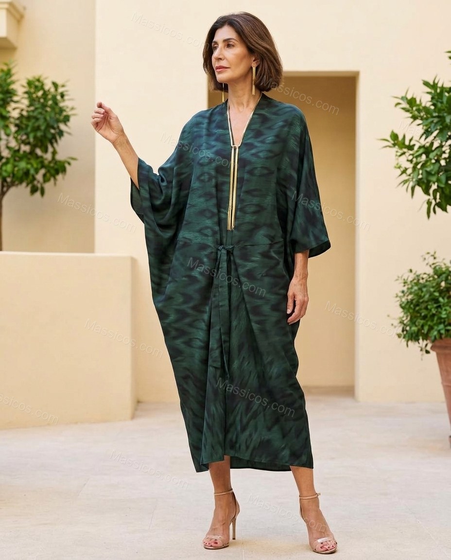 Dark Green Abstract Midi Satin Dress, full-length hero view, by Massicos