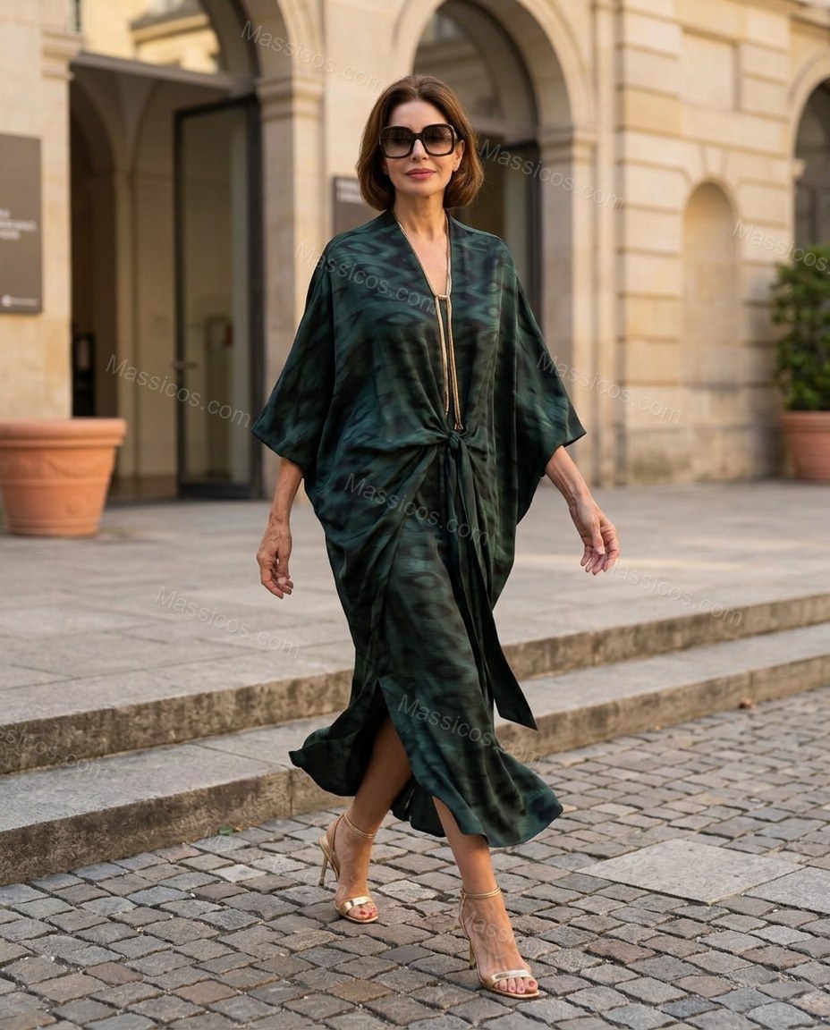 Dark Green Abstract Midi Satin Dress, walking lifestyle view, by Massicos