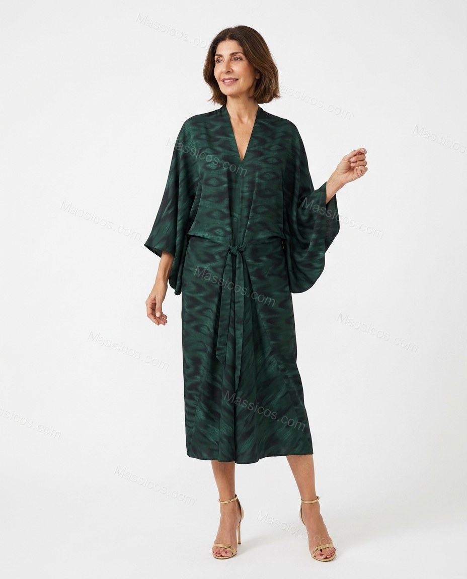 Dark Green Abstract Midi Satin Dress, front studio view, by Massicos
