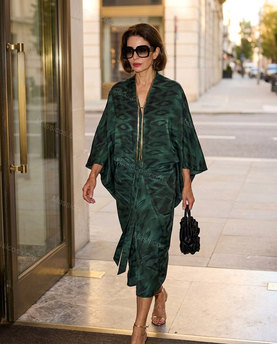 Dark Green Abstract Midi Satin Dress, movement and fit lifestyle view, by Massicos