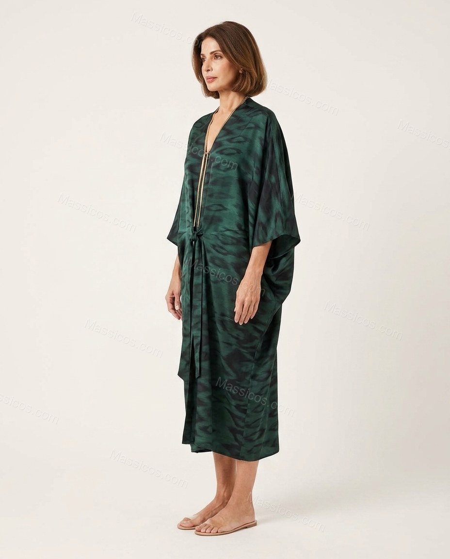 Dark Green Abstract Midi Satin Dress, side and back studio view, by Massicos