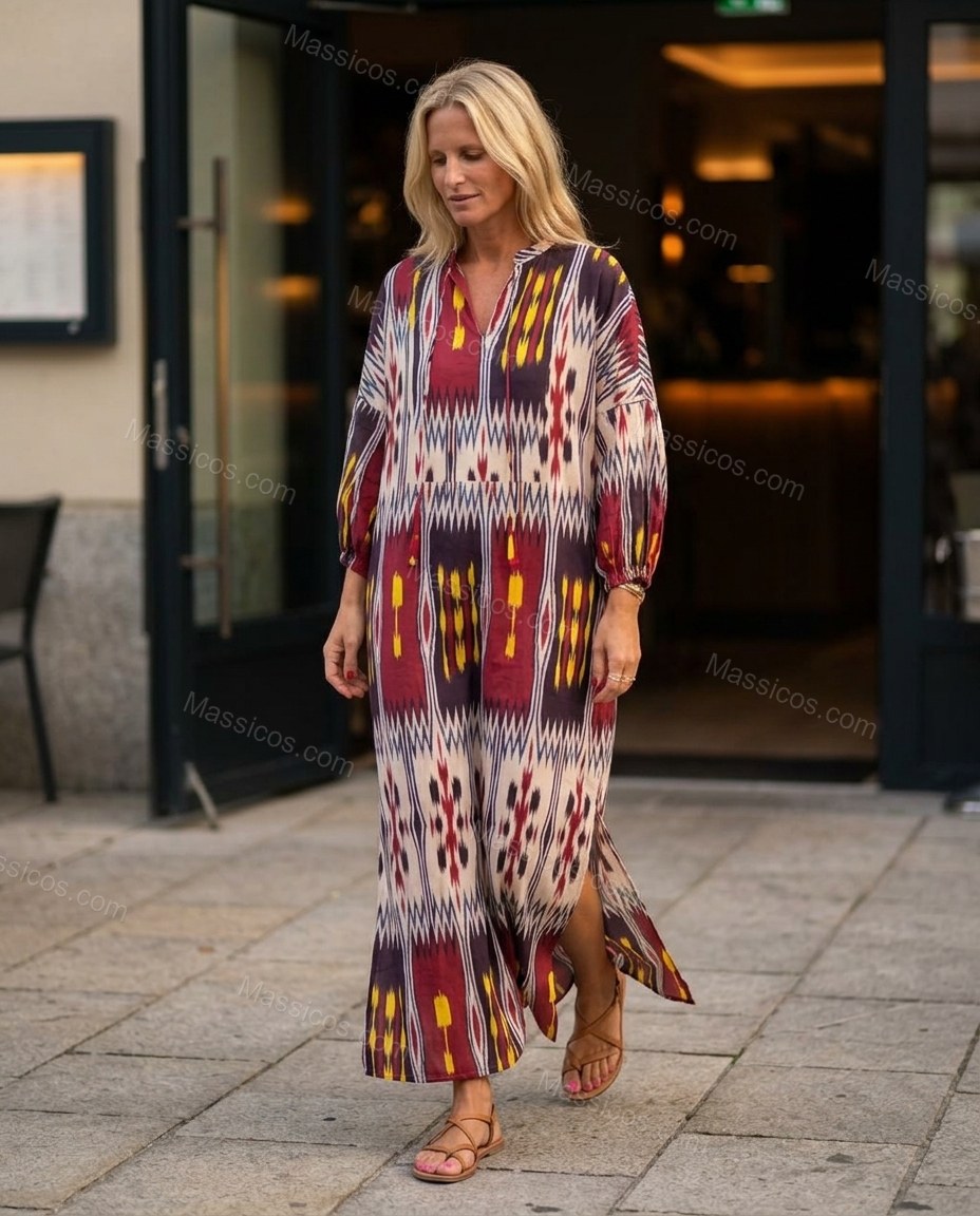 Burgundy Ikat Maxi Dress, alternate use-case lifestyle view, by Massicos