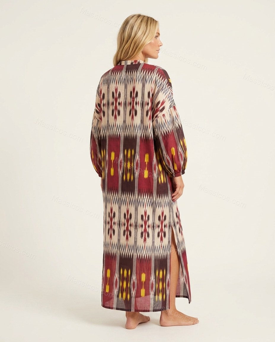 Burgundy Ikat Maxi Dress, back studio view showing simple, loose back panel, by Massicos