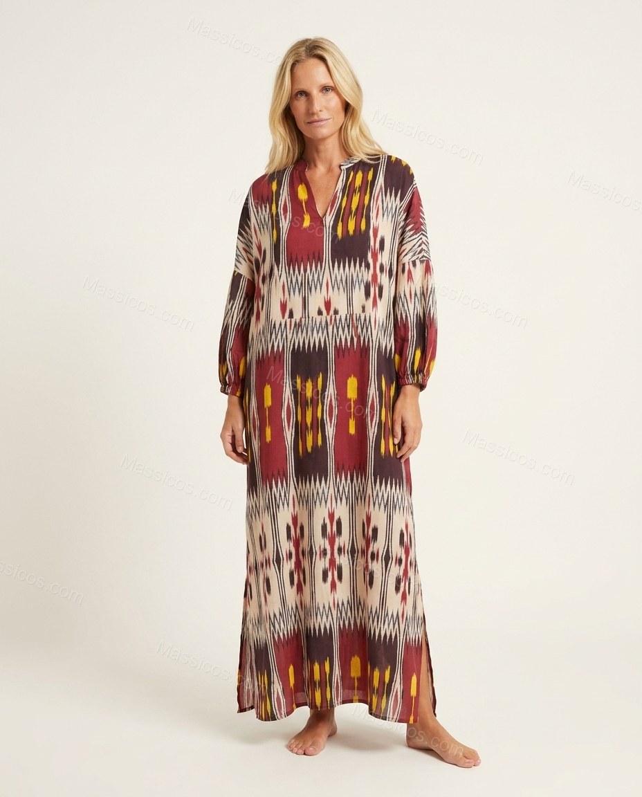Burgundy Ikat Maxi Dress, front studio view, by Massicos