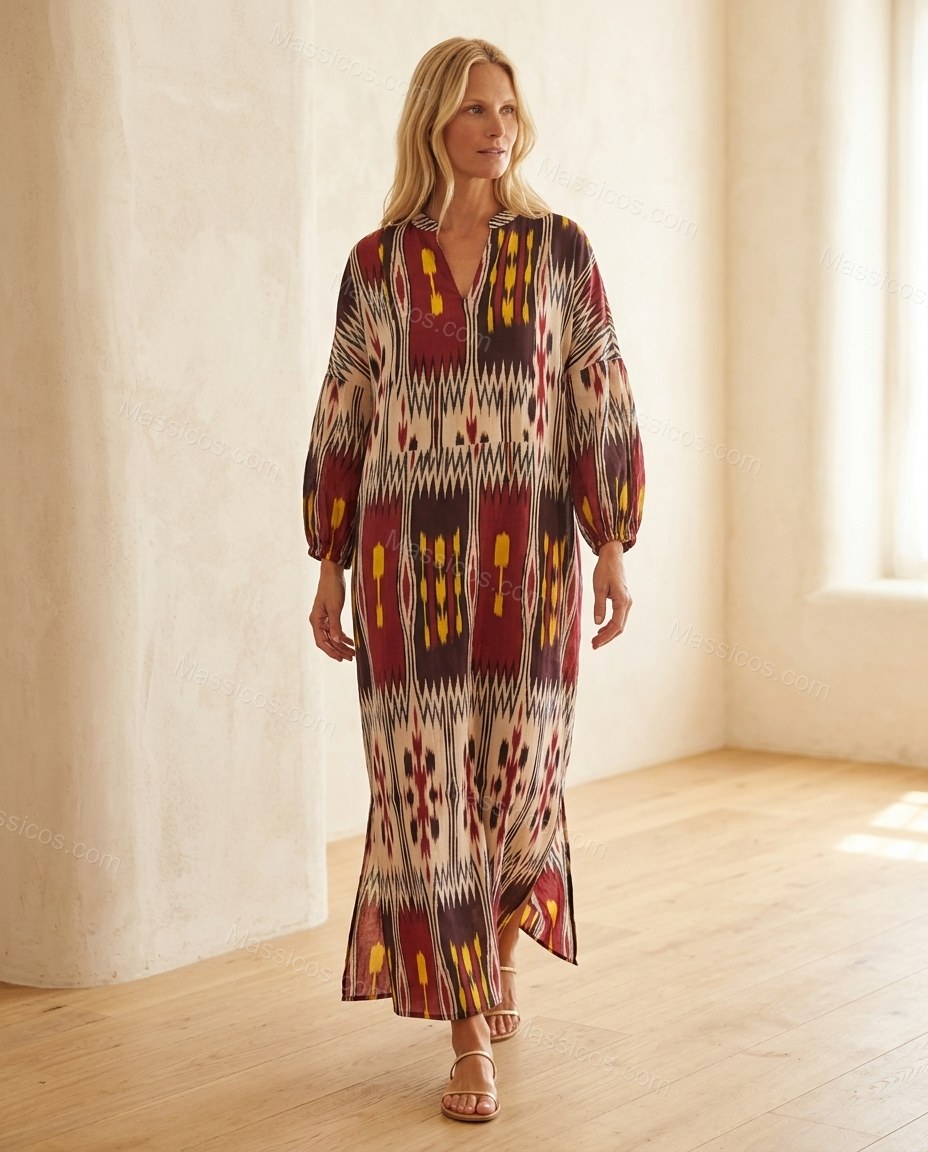 Burgundy Ikat Maxi Dress, full-length hero view, by Massicos