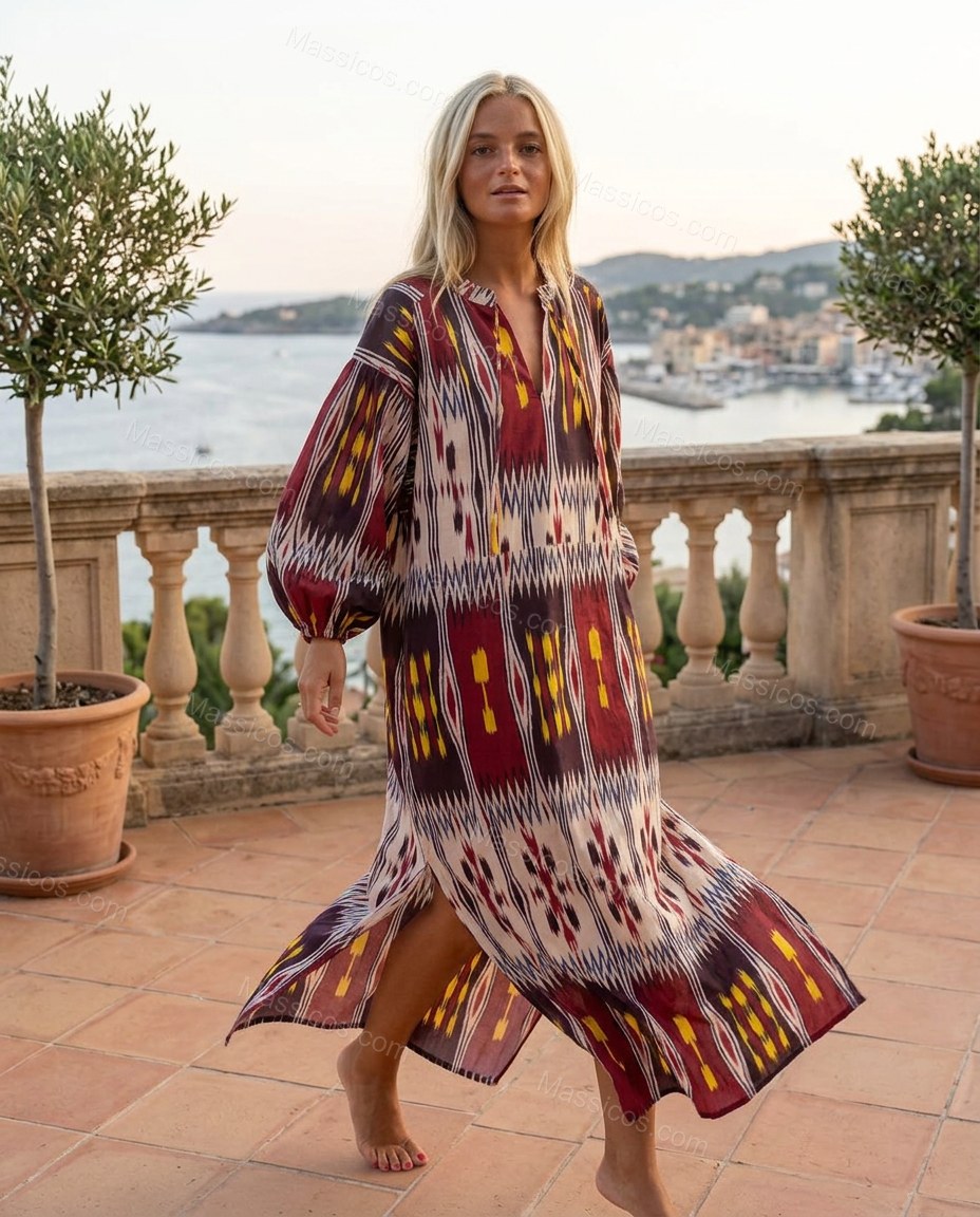 Burgundy Ikat Maxi Dress, walking lifestyle view, by Massicos