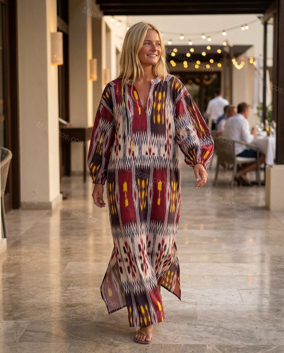 Burgundy Ikat Maxi Dress, movement and fit lifestyle view, by Massicos