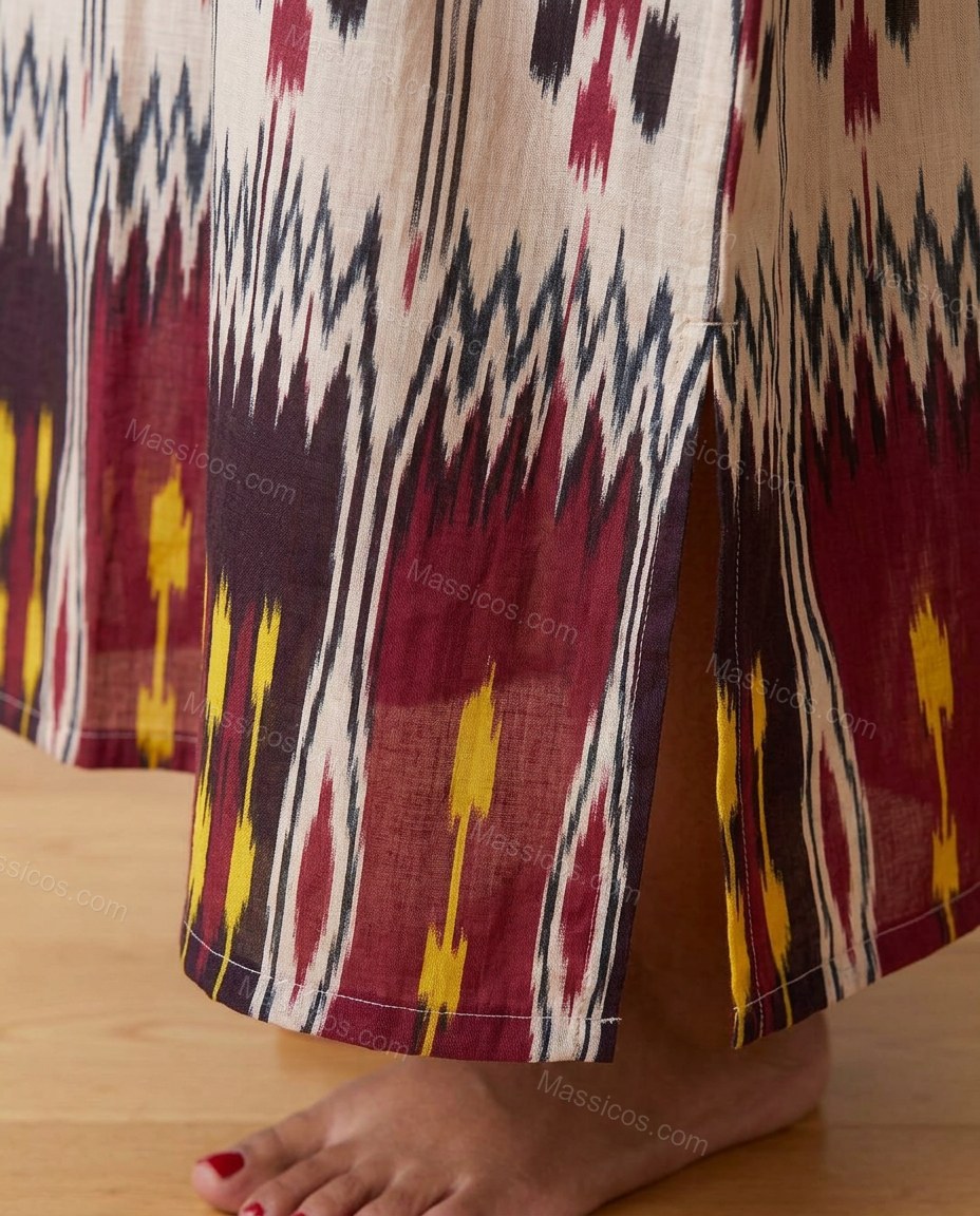 Burgundy Ikat Maxi Dress, close-up of ikat, by Massicos