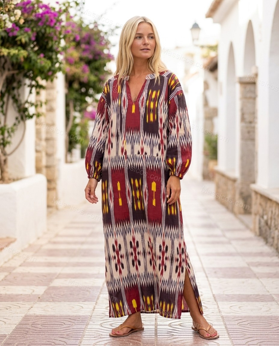 Burgundy Ikat Maxi Dress, three-quarter brand lifestyle view, by Massicos