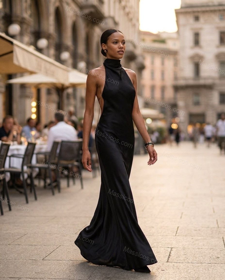 Black Maxi Open-Back Halter Dress, walking lifestyle view, by Massicos