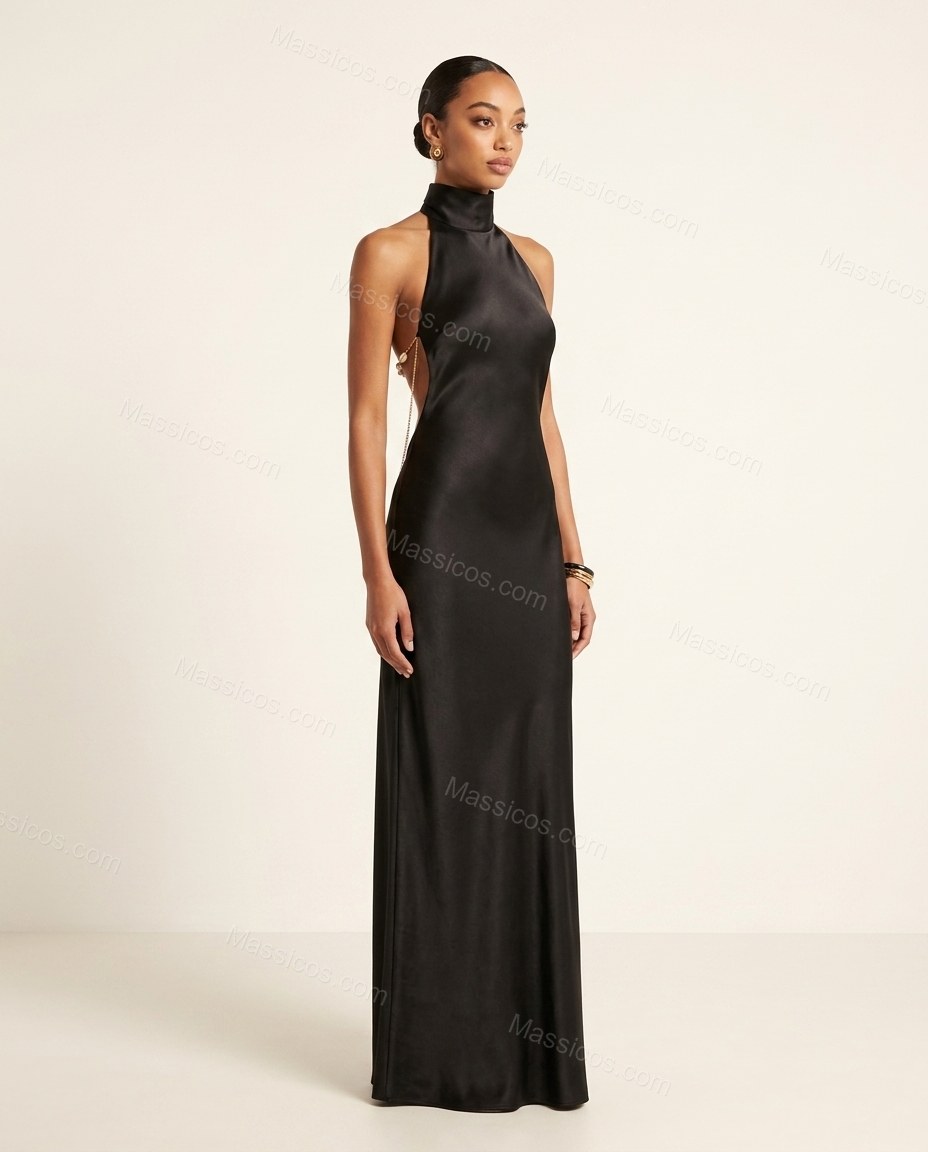 Black Maxi Open-Back Halter Dress, front studio view, by Massicos