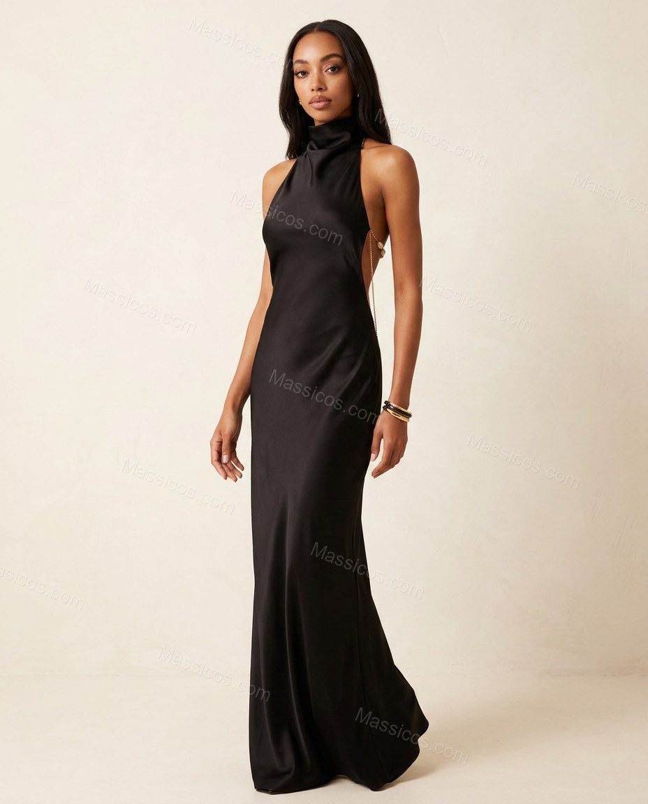 Black Maxi Open-Back Halter Dress, full-length hero view, by Massicos