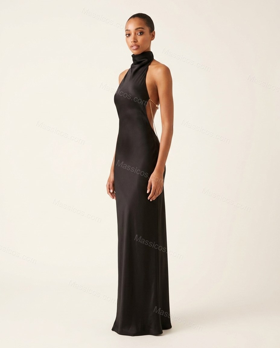 Black Maxi Open-Back Halter Dress, side and back studio view, by Massicos