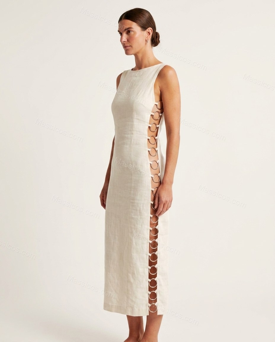 White Lace Linen Dress, side and back studio view showing back mirrors the front with side-laced ring construction, by Massicos